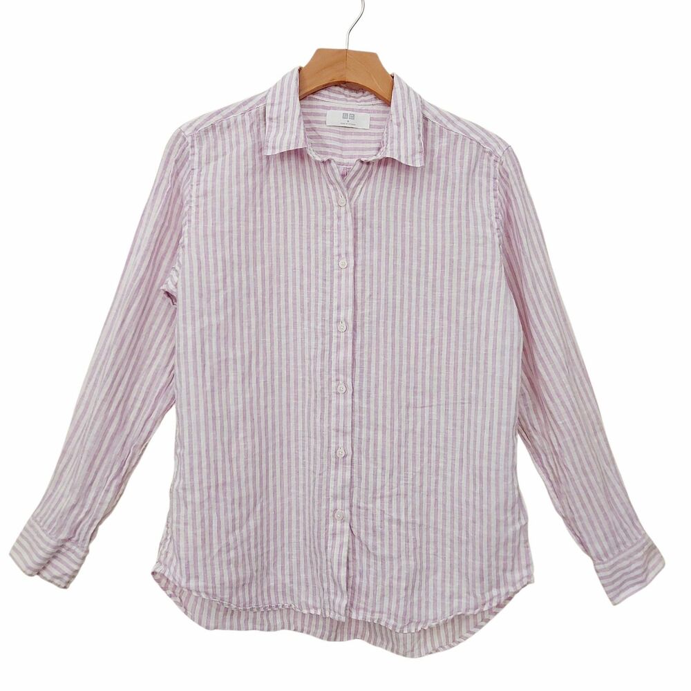 Uniqlo Linen Shirt Womens Medium Pink Striped Long Sleeve Button Casual Coastal